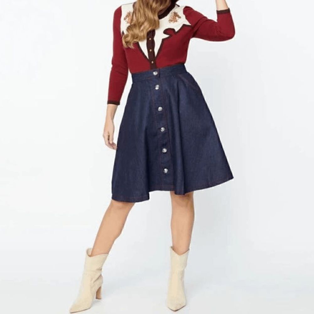 Unique Vintage Denim Rhinestone Button Up Swing Skirt with Pockets XS